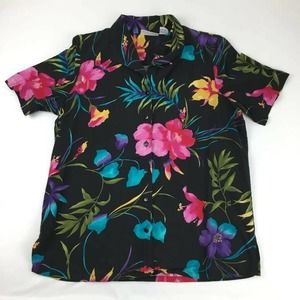 Alfred Dunner Womens Hawaiian Shirt Black Pink Floral Short Sleeve Collared 12
